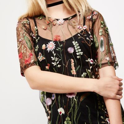 Black floral embroidered T-shirt dress